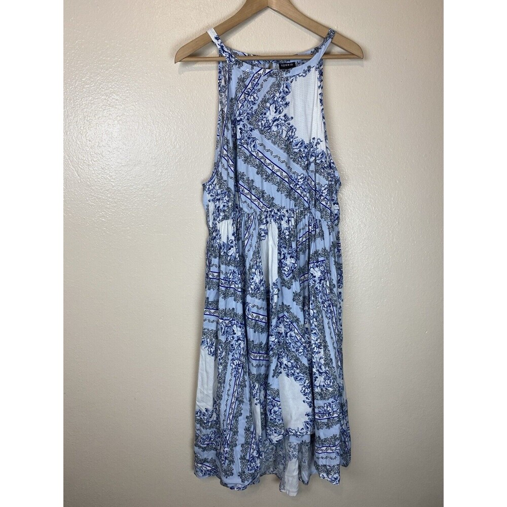 Torrid 1X Midi Dress Floral Tile Print Rayon Challis Handkerchief Halter A-Line